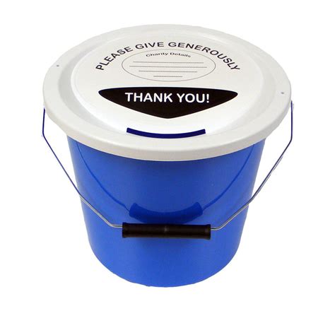 charity collection buckets with lids.